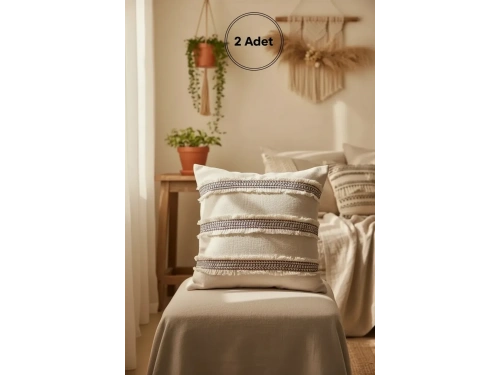 Mini Çift Püsküllü Keten Krem Kırlent 2 Adet Kırlent Kılıfı (43 x 43)