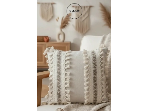 Kalın Dantel Ponponlu Krem Kırlent 2 Adet Kırlent Kılıfı (43 x 43)