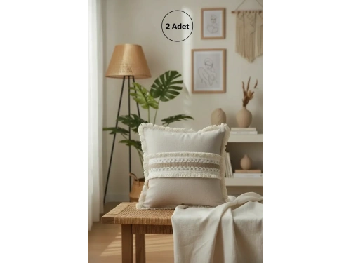 Keten Bej Kalın Dantel Kırlent 2 Adet Kırlent Kılıfı 43 X 43