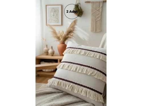 Üç Püsküllü Keten Krem Kırlent 2 Adet Kırlent Kılıfı (35 x 55)