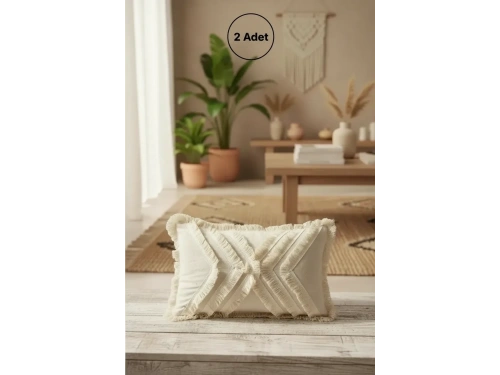 Çoklu Püsküllü Krem Keten Kırlent 2 Adet Kırlent Kılıfı (35 x 55)