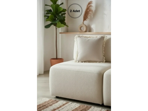 Bej Ponponlu Kırlent 2 Adet Kırlent Kılıfı