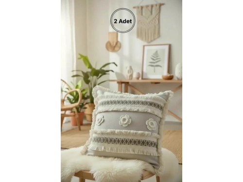 Kalın Dantel Püsküllü ve Motifli Keten Krem Kırlent 2 Adet Kırlent Kılıfı (43 x 43)