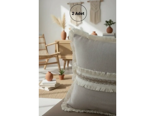 Bej Keten Jüt Dantelli Kırlent 2 Adet Kırlent Kılıfı (43 x 43)