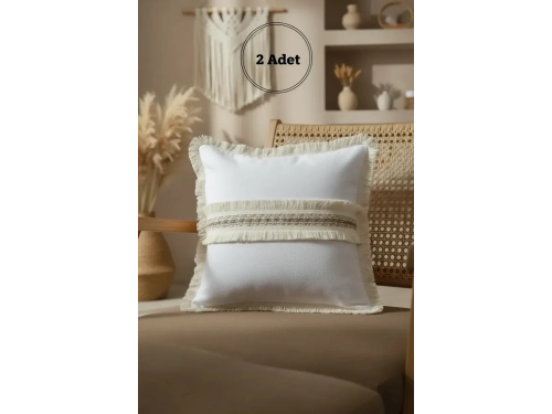 Beyaz Keten Jüt Dantelli Kırlent 2 Adet Kırlent Kılıfı (43 x 43)