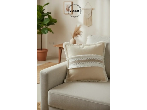 Sarı Keten Kalın Dantel Kırlent 2 Adet Kırlent Kılıfı (43 x 43)