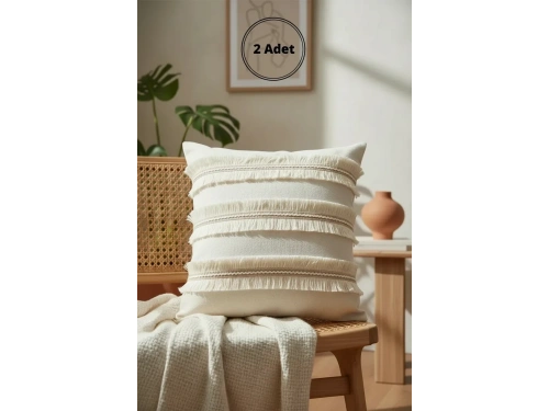 Özel Tasarım Jütlü Püsküllü Keten Krem Kırlent 2 Adet Kırlent Kılıfı ( 45 X 45)