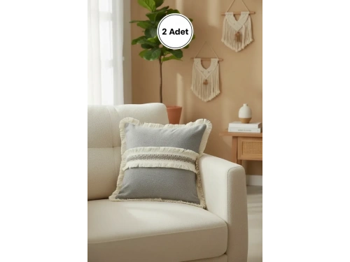 Antrasit Keten Jüt Dantelli Kırlent 2 Adet Kırlent Kılıfı (43 x 43)