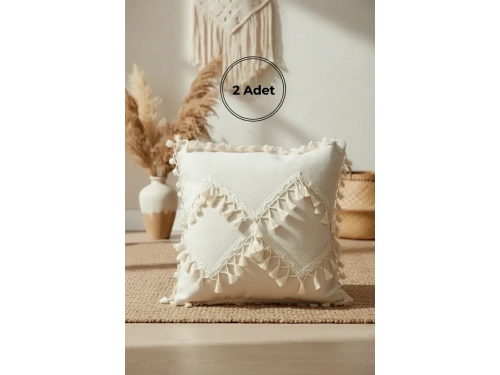 Özel Tasarım Çapraz Ponponlu Tekli Keten Krem Kırlent 2 Adet Kırlent Kılıfı (45X55)
