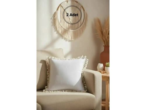 Keten Beyaz Ponponlu Kırlent 2 Adet Kırlent Kılıfı (43 x 43)