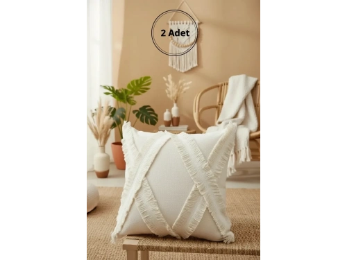 Özel Tasarımkare Çapraz Kokoş Tekli Keten Krem Kırlent 2 Adet Kırlent Kılıfı (43 x 43)