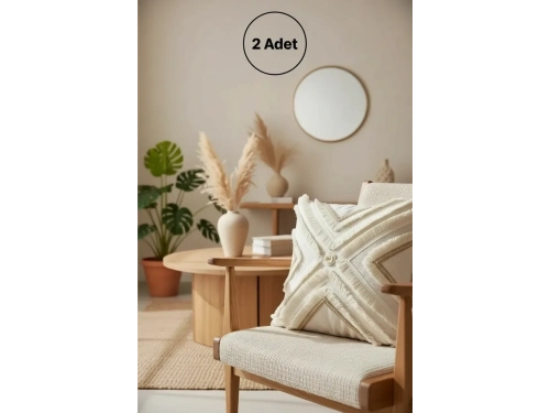 Özel Tasarım Çoklu Püsküllü Motifli Keten Krem Kırlent 2 Adet Kırlent Kılıfı (43 x 43)