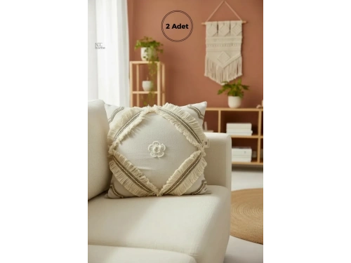 Özel Tasarım Keten Krem Kırlent 2 Adet Kırlent Kılıfı (43 x 43)