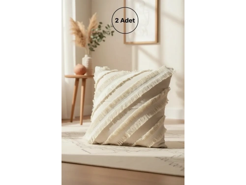 Özel Tasarım Çapraz Çift Püsküllü Keten Krem Kırlent 2 Adet Kırlent Kılıfı (43 x 43)