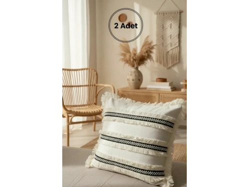 Özel Tasarım Siyah Püsküllü Keten Krem Kırlent 2 Adet Kırlent Kılıfı (43 x 43)