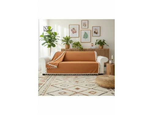 Premium Keten Tarçın [ TARÇIN] Ponponlu Koltuk Örtüsü (170 x 220