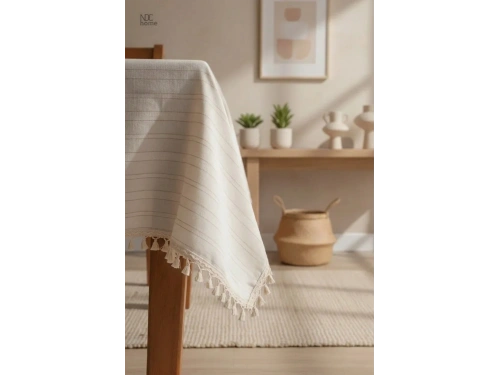 Buldan Dokuması Çizgili Krem Keten Ham Ponponlu Masa Örtüsü