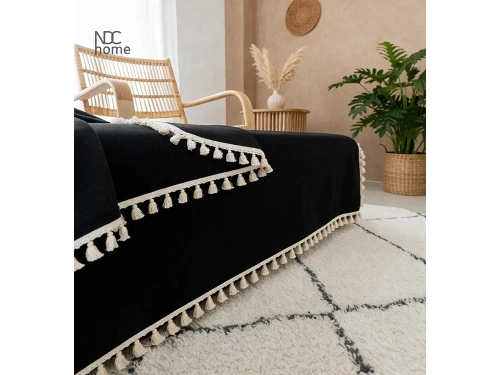 Premium Keten Siyah Ham Ponponlu Koltuk Örtüsü (170 X 220)