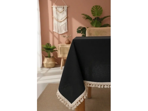 Premium Siyah Keten Ham Ponponlu Masa Örtüsü