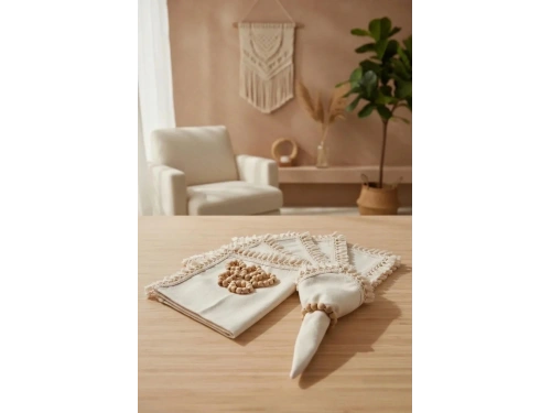 Organik Ham Keten Ham Ponponlu 6lı Ahsap Toka Hediyeli 40 X 40 Peçete Takımı