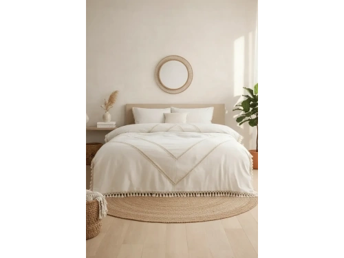 Tek Kişilik Ham Keten Nevresim Seti Jüt Dantelli Ponponlu Kahverengi Şerit Detaylı