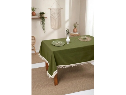Premium Keten Haki Ponponlu Masa Örtüsü