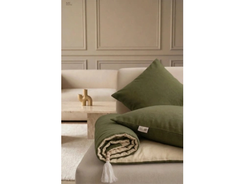 Luxury Çift Taraflı Keten Koltuk Pedi / Şiltesi [Kırlentli] - Haki-Krem