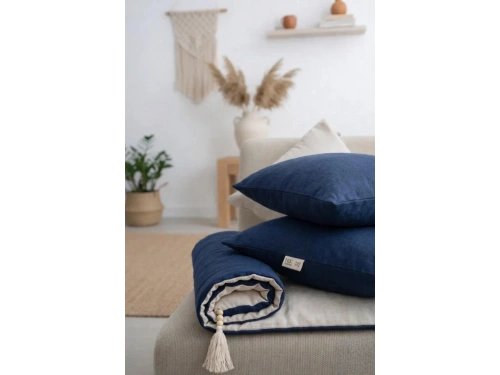 Çift Taraflı Keten Koltuk Pedi / Şiltesi [Kırlentli] - Lacivert-Krem