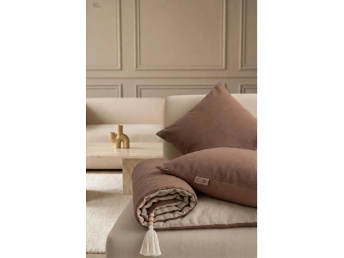 Luxury Çift Taraflı Keten Koltuk Pedi / Şiltesi [Kırlentli] - Kahverengi-Bej