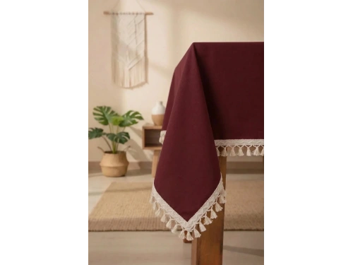 Bordo Pamuk Keten Ham Ponponlu Masa Örtüsü