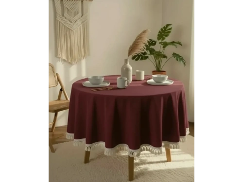 Bordo Pamuk Keten Ham Ponponlu Yuvarlak Masa Örtüsü