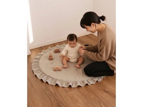 Keten Oyun Halısı, Yuvarlak Oyun Matı, Fırfırlı Oyun Minderi-Bej
