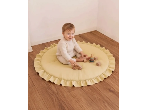 Keten Oyun Halısı, Yuvarlak Oyun Matı, Fırfırlı Oyun Minderi-Sarı