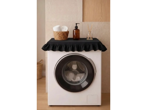 Fırfırlı Çamaşır Makinesi Örtüsü - Çeyizlik Dekoratif Banyo Makine Kılıfı- Siyah