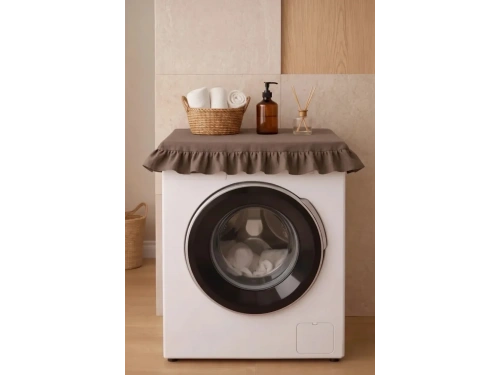 Fırfırlı Çamaşır Makinesi Örtüsü - Çeyizlik Dekoratif Banyo Makine Kılıfı- Kahverengi