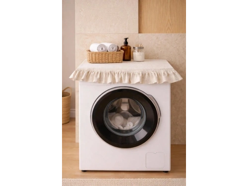 Fırfırlı Çamaşır Makinesi Örtüsü - Çeyizlik Dekoratif Banyo Makine Kılıfı- Krem