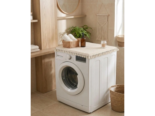Ham Ponponlu Monica Çamaşır Makinesi Örtüsü - Çeyizlik Dekoratif Banyo Makine Kılıfı