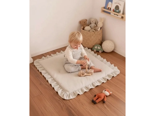 Keten Oyun Halısı, Kare Oyun Matı, Fırfırlı Oyun Minderi-Krem