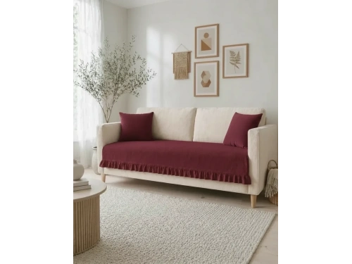 Fırfırlı Keten Koltuk Örtüsü [Kırlentli]-Bordo
