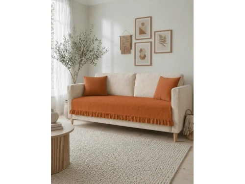 Fırfırlı Keten Koltuk Örtüsü [Kırlentli]-Tarçın