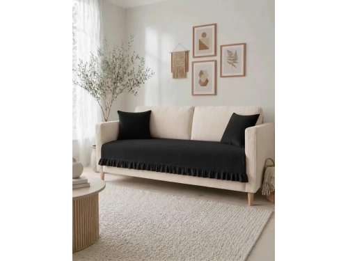 Fırfırlı Keten Koltuk Örtüsü [Kırlentli] -Siyah