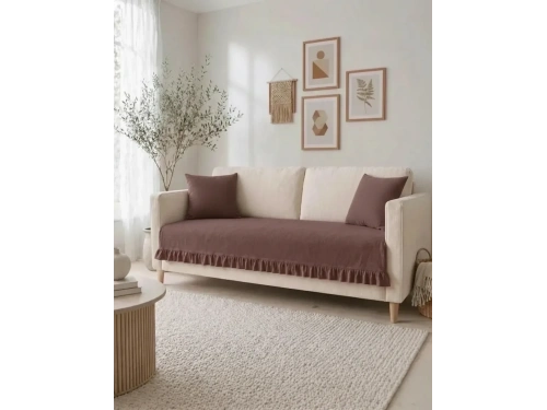 Fırfırlı Keten Koltuk Örtüsü [Kırlentli]-Kahverengi