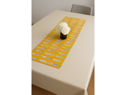 Alaçatı Balık Desenli Runner, Duck Kumaş Runner, Su ve Leke İtici | Dayanıklı, Modern Tasarım 40x145 cm