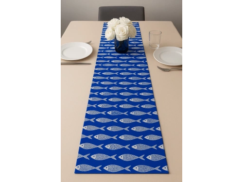 Bodrum Balık Desenli Runner, Duck Kumaş Runner, Su ve Leke İtici | Dayanıklı, Modern Tasarım 40x145 cm