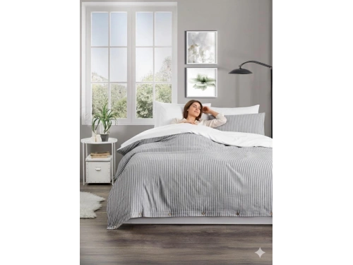 Çift Kişilik %100 Pamuk Ranforce Düğmeli Nevresim Takımı – Lastiksiz Çarşaflı 200x220 cm Gri