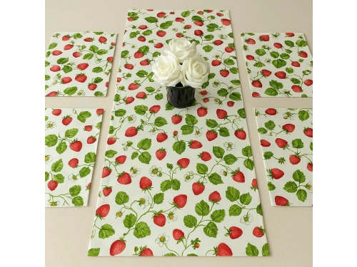 Çilek Desenli Masa Runner 40x150 cm ve Amerikan Servis Seti (4 Kişilik)