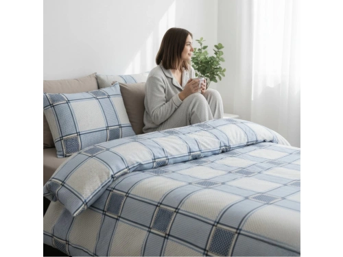 Kareli Piksel Ekosa Desenli Nevresim Takımı – Çift Kişilik, %100 Pamuk, Yumuşak Dokulu