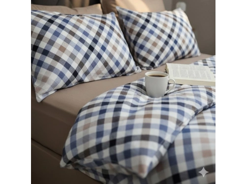 Mavi, Kahverengi ve Beyaz Tonlarında Ekose Desenli Nevresim Takımı – Çift Kişilik, %100 Pamuk, Yumuşak Dokulu