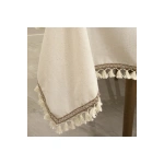Ham Keten Organik Krem Kahverengi Şeritli Ponponlu Masa Örtüsü