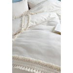 Ham Keten Baklava Desen Ponponlu Çift Kişilik Nevresim Takımı